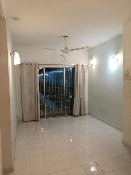 Living features: white painted walls, glossy white tile flooring, 5-blade ceiling fan, sliding glass door, sheer curtains, wall-mounted light fixtures, recessed lighting, open layout; style: modern.