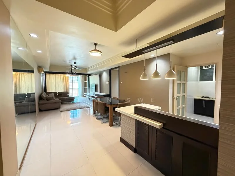 Living features: 3-seater fabric sofa in grey, coffee table, wall-mounted TV, area rug, floor-to-ceiling windows, curtains, ceiling fan with light, recessed downlights, cream painted walls, polished tile flooring; style: modern; view: city. Dining features: 6-seater dining table, upholstered dining chairs, pendant lighting, open layout, cream painted walls, polished tile flooring; style: modern. Kitchen features: kitchen island, stainless-steel sink, chrome pull-down faucet, built-in cabinets, white countertops, recessed downlights, cream painted walls, polished tile flooring; style: modern.