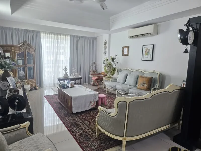 Living features: 3-seater fabric sofa in light grey, 2-seater fabric sofa in light grey, coffee table, area rug with intricate pattern, wall-mounted air conditioning unit, curtains in light grey, decorative wall art, wooden display cabinet, framed artwork, ceiling fan, light-colored walls, white ceiling; style: traditional.