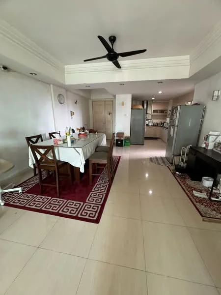 Dining features: dining table with 6 chairs, white tablecloth, 5-blade ceiling fan, cream painted walls, tile flooring, area rug with geometric pattern, wall-mounted clock, recessed lighting; style: modern. Kitchen features: stainless-steel fridge, built-in cabinets, countertop, kitchen appliances visible, open layout to dining area; style: modern.