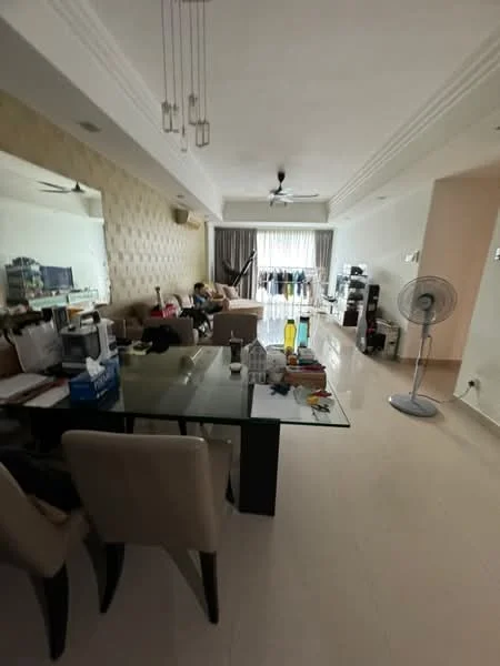Living features: cream painted walls, white ceiling with crown moulding, marble tile flooring, 5-blade ceiling fan, floor-to-ceiling windows with sheer curtains, sofa in beige, glass dining table, upholstered dining chairs, decorative mirror, wall-mounted TV, standing fan, open shelving, decorative items on shelves; style: modern.