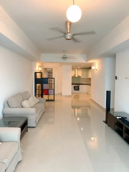 Living features: light grey fabric sofa, black coffee table, wall-mounted TV, 3-blade ceiling fan, recessed downlights, white painted walls, glossy tile flooring, open-plan layout to kitchen, decorative partition, floor-to-ceiling windows, natural light; style: modern. Kitchen features: stainless-steel built-in oven, ceramic cooktop, white cabinetry, grey countertop, refrigerator, sink, tile backsplash, open layout to living area; style: modern.