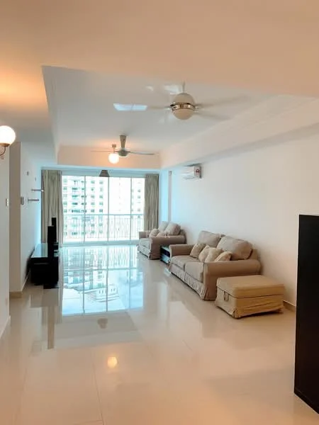 Living features: cream painted walls, polished ceramic tile flooring, tray ceiling, 5-blade ceiling fan with light, sofa in beige fabric, ottoman in beige fabric, TV console in black, floor-to-ceiling windows, sheer curtains, wall-mounted split AC; style: modern; view: city.