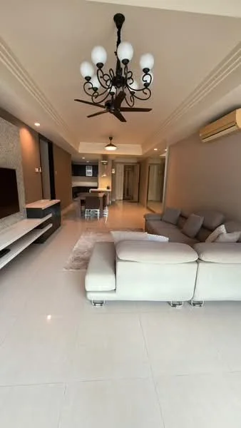 Living features: 3-seater fabric sofa in light grey, chandelier with multiple bulbs, 5-blade ceiling fan, wall-mounted TV, TV console in white, light-coloured tiled flooring, decorative wall panel with stone texture, recessed lighting, air conditioning unit, area rug, coffee table, open layout to dining area, large windows for natural light; style: modern.