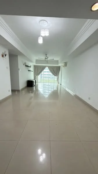 Living features: white painted walls, polished ceramic tile flooring, tray ceiling with recessed lighting, 5-blade ceiling fan, floor-to-ceiling windows, sheer curtains, sliding glass door, balcony access, TV console, wall-mounted TV, decorative light fixtures; style: modern; view: city.