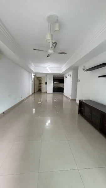 Living features: white painted walls, polished ceramic tile flooring, 5-blade ceiling fan with light, recessed downlights, wall-mounted TV console, open layout, large windows, neutral color scheme; style: modern.