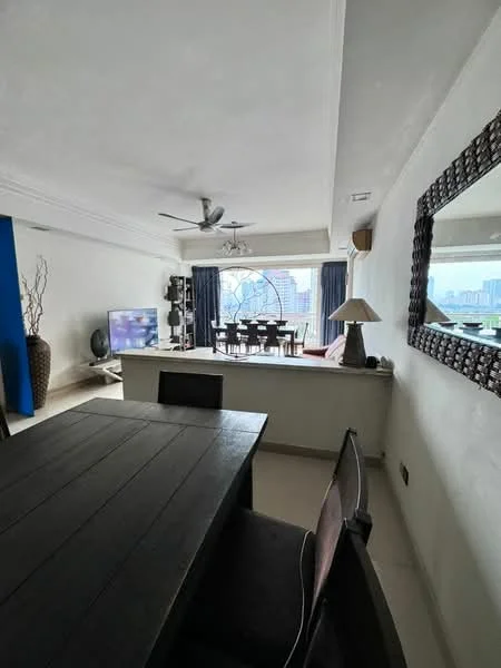 Living features: 5-blade ceiling fan, wall-mounted TV, dining table with chairs, large window with city view, dark wood dining table, black dining chairs, decorative mirror, light-colored walls, cream-colored flooring, decorative vase, sofa, curtains, recessed lighting; style: modern; view: city.