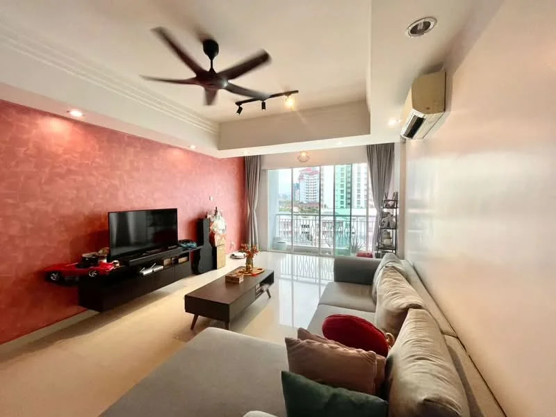 Living features: grey fabric sectional sofa, coffee table, wall-mounted TV, TV console, 5-blade ceiling fan with light, recessed downlights, red accent wall, white painted walls, floor-to-ceiling windows, curtains, air conditioning unit, decorative items on TV console; style: modern; view: city.