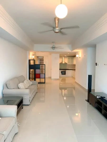 Living features: light grey fabric sofa, black coffee table, wall-mounted TV, 3-blade ceiling fan, recessed downlights, white painted walls, glossy ceramic tile flooring, open layout to kitchen, decorative room divider, built-in cabinetry, neutral color palette; style: modern. Kitchen features: built-in oven, stainless-steel range hood, white cabinetry, light grey countertops, recessed downlights, open layout to living area, ceramic tile flooring; style: modern.
