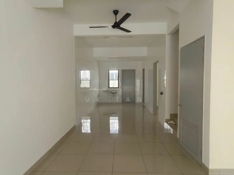 Room features: white painted walls, glossy ceramic tile flooring, ceiling fan, multiple windows, door with handle, light fixtures, open layout, neutral color scheme; style: modern.