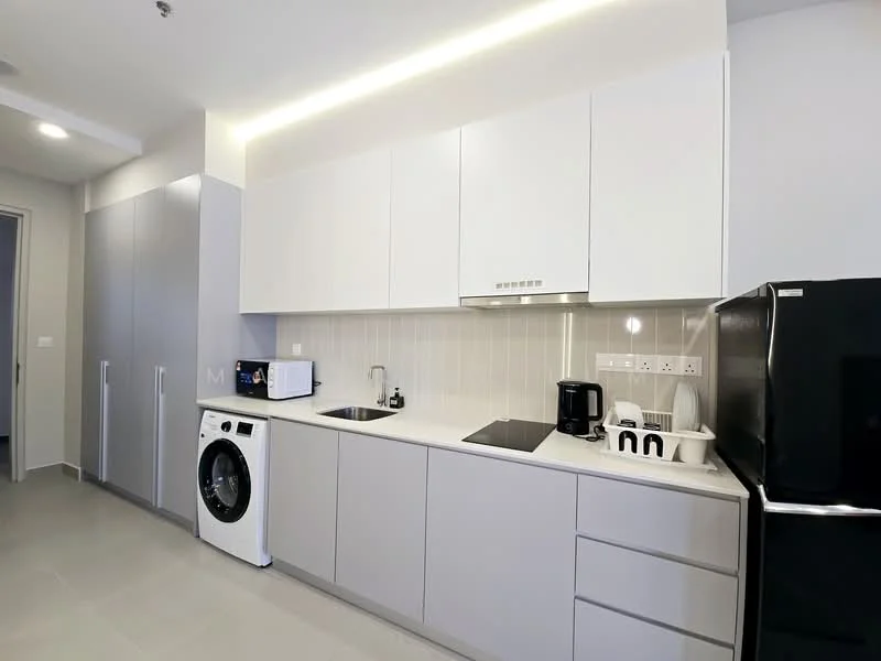 Kitchen features: white cabinetry, grey countertop, single-bowl stainless-steel sink, chrome pull-down faucet, built-in electric cooktop, microwave, black refrigerator, front-load washing machine, coffee machine, toaster, kettle, tile backsplash, recessed LED downlights, ceramic tile flooring; style: modern.