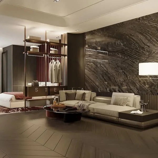 Living features: L-shape sectional sofa in light beige, round coffee table with dark wood finish, dark wood shelving unit with open storage, decorative wall with dark marble finish, recessed ceiling lights, area rug with geometric pattern, floor-to-ceiling window with sheer curtains, wooden flooring with herringbone pattern; style: modern. Room features: bed with white bedding, decorative pillows, nightstand with lamp.