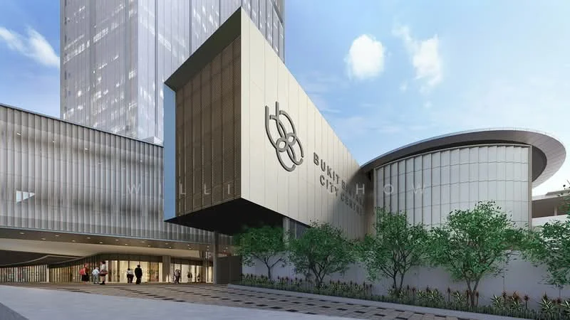 Exterior type: high-rise condominium; features: glass curtain wall, metal cladding, feature signage, landscaped entrance, manicured walkway, modern architectural design; style: modern.