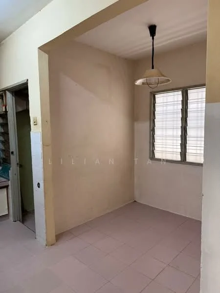 Room features: plain white walls, light beige walls, tile flooring in light pink, single pendant light, window with horizontal slats, no visible furniture or decor; style: minimalist.