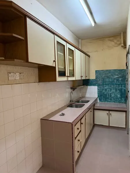 Kitchen features: white cabinetry with glass doors, blue mosaic tile backsplash, double-bowl stainless-steel sink, chrome faucet, laminate countertop, cream tiled flooring, wall-mounted shelves, fluorescent ceiling light.