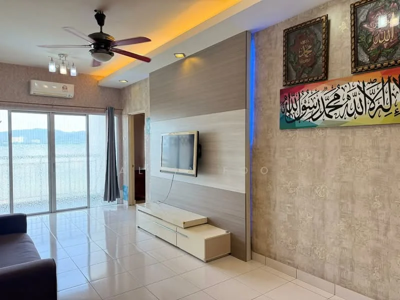 Living features: white painted walls, feature wall with wood paneling, recessed LED downlights, 5-blade ceiling fan with light, floor-to-ceiling windows, sliding glass door, white glossy tile flooring, wall-mounted TV, TV console, decorative artwork, curtains, sofa; style: modern; view: city.
