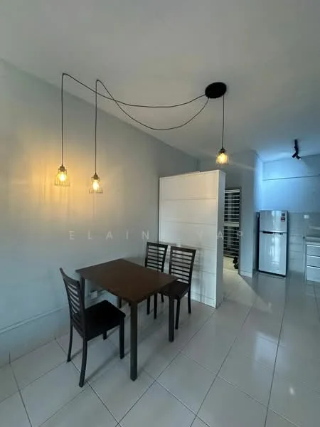 Dining features: 4-seater dining table in dark wood, black wooden dining chairs, pendant lighting with glass shades, white walls, glossy white tile flooring, open layout to kitchen, refrigerator visible in background, kitchen cabinetry visible in background; style: modern.