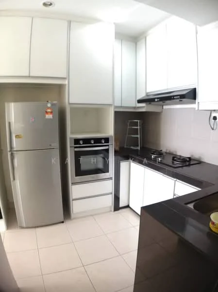 Kitchen features: white flat-panel cabinets, black granite countertop, stainless-steel fridge, built-in oven, 4-burner gas hob, stainless-steel range hood, double-bowl stainless-steel sink, ceramic tile flooring, wall-mounted shelving, white tiled backsplash, recessed downlights; style: modern.