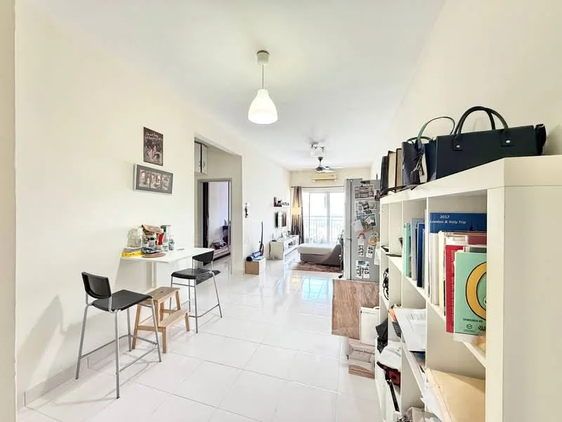 Room features: white painted walls, glossy white tile flooring, ceiling light fixture, 5-blade ceiling fan, open shelving unit, small dining table with stools, decorative wall art, large window with natural light, books and magazines on shelves, neutral color scheme; style: modern; view: city.