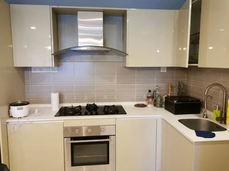 Kitchen features: light beige cabinetry, stainless-steel range hood, 4-burner gas hob, built-in oven, white countertop, single-bowl stainless-steel sink, chrome pull-down faucet, grey tile backsplash, kitchen utensils on countertop, rice cooker, paper towel holder; style: modern.