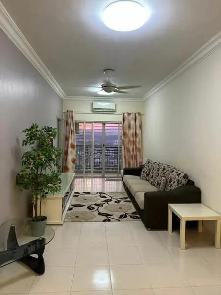 Living features: 3-seater fabric sofa with floral pattern, coffee table, TV console, area rug with floral pattern, floor-to-ceiling windows, sheer curtains, ceiling fan, wall-mounted split AC, decorative plant, light-colored walls, glossy tile flooring, recessed ceiling light; style: modern; view: city.