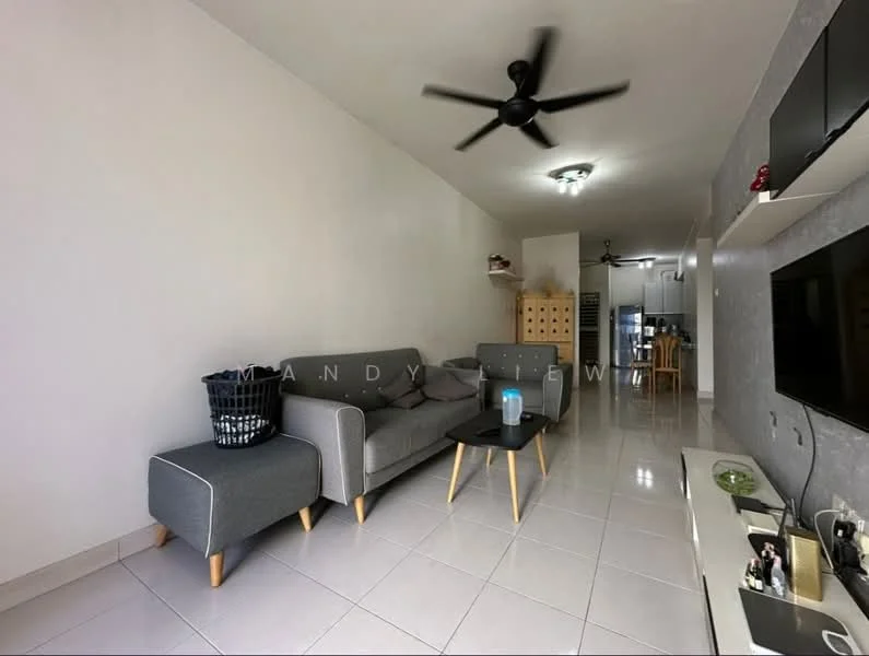 Living features: grey fabric sofa, black coffee table, white walls, glossy white tile flooring, 5-blade ceiling fan, wall-mounted TV, entertainment unit, decorative items on shelves, basket for storage, dining area visible in background; style: modern.