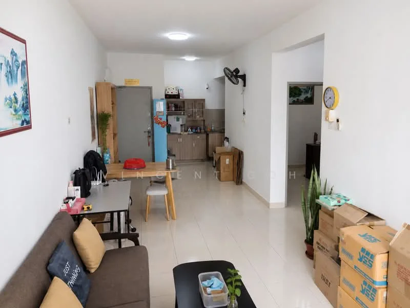 Living features: white painted walls, ceramic tile flooring, 5-blade ceiling fan with light, sofa in brown fabric, coffee table, wall-mounted clock, decorative wall art, potted plants, open shelving, dining table with chairs, kitchen area with cabinets, refrigerator, kitchen countertop, kitchen sink; style: modern.