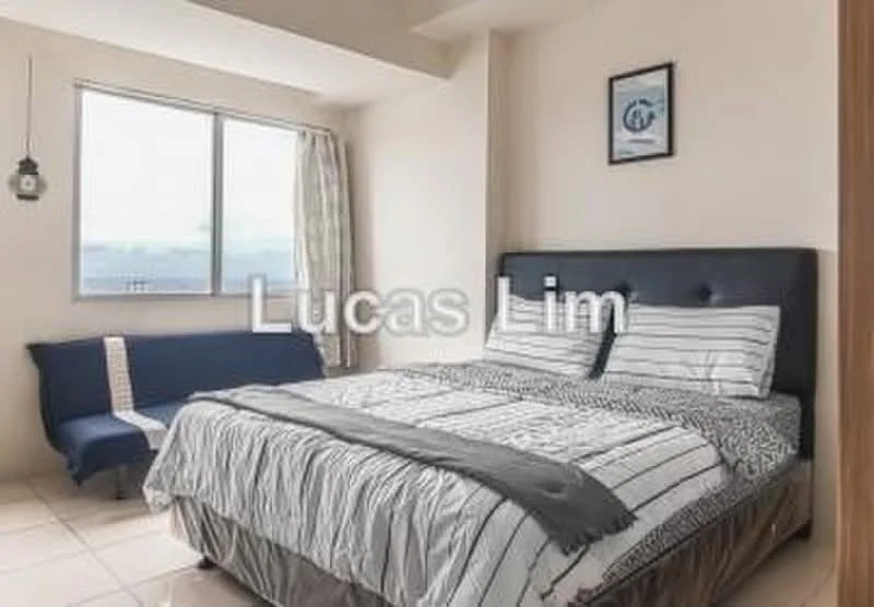 Bedroom features: king-size bed with striped bedding, upholstered headboard, bedside table, framed artwork on wall, floor-to-ceiling window, curtains, sofa, tile flooring; style: modern; view: city.