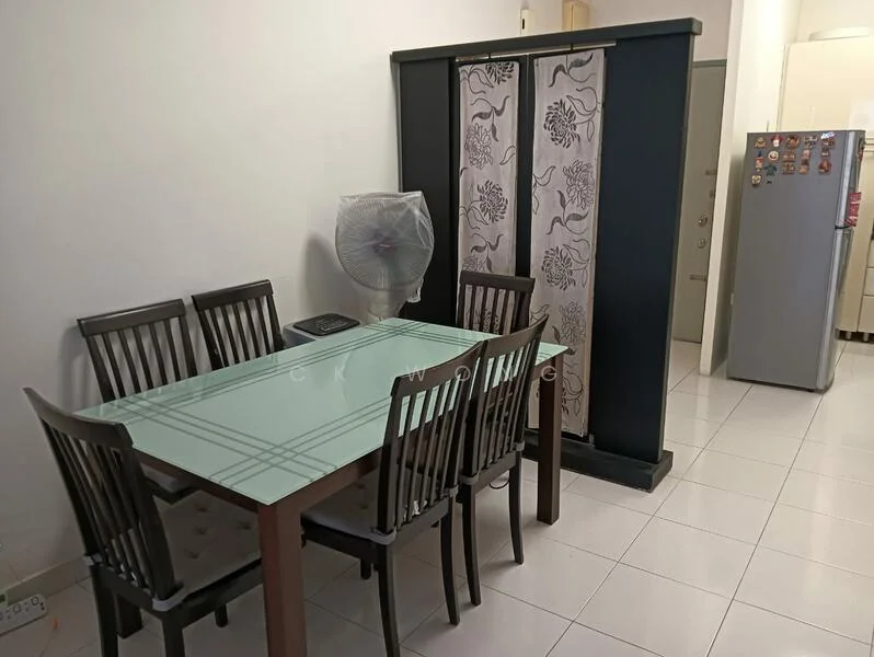 Dining features: 6-seater dining table with glass top, wooden dining chairs, decorative room divider, white tiled flooring, ceiling fan, refrigerator, kitchen cabinetry, neutral wall color; style: modern.