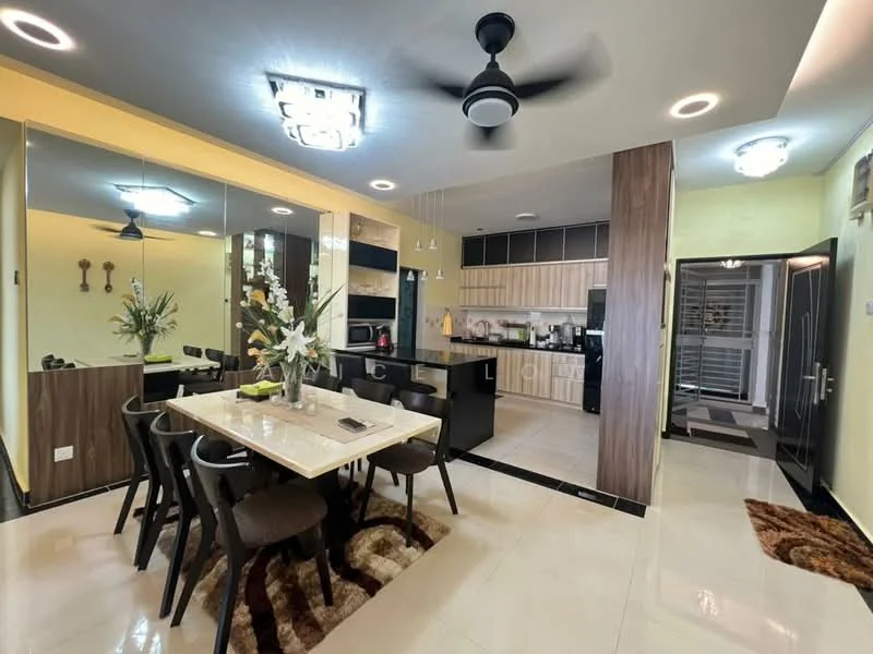 Dining features: 6-seater dining table, black dining chairs, decorative centerpiece with flowers, area rug with geometric pattern, wall-mounted mirror, pendant light, ceiling fan with light, cream painted walls, tile flooring, open layout to kitchen, recessed lighting; style: modern. Kitchen features: black cabinetry, stainless-steel appliances, granite countertop, kitchen island with seating, built-in oven, microwave, 4-burner gas hob, tile backsplash, recessed downlights; style: modern. Hallway features: cream painted walls, tile flooring, doorway leading to other rooms, decorative wall accents.