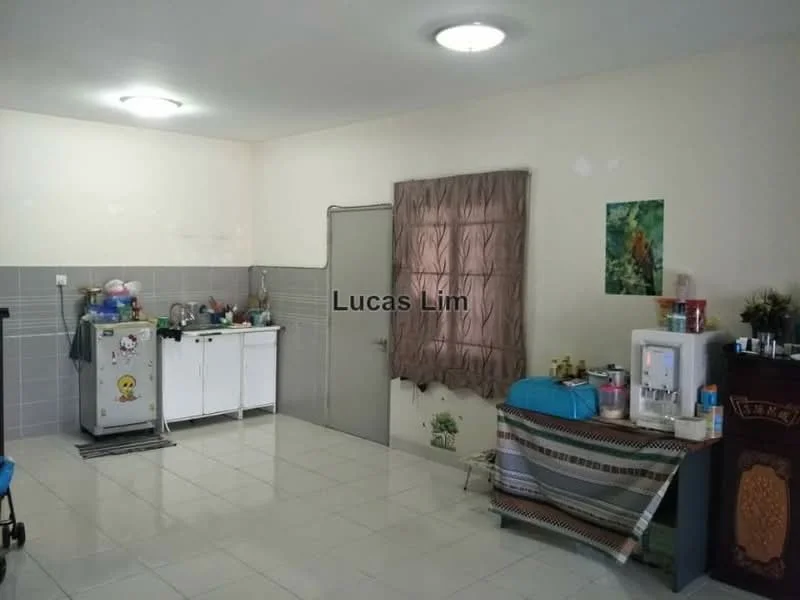 Kitchen features: white cabinets, grey tiled backsplash, stainless-steel fridge, single-bowl sink, chrome faucet, countertop with storage, wall-mounted cabinet, floor tiles, window with curtain, decorative wall art, kitchen cart, plastic storage containers.