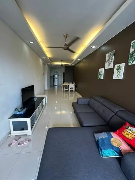 Living features: grey fabric sectional sofa, white TV console, wall-mounted TV, recessed LED downlights, 5-blade ceiling fan with light, cream tiled flooring, brown accent wall, decorative wall art with plants, sliding glass door, open layout to dining area; style: modern.