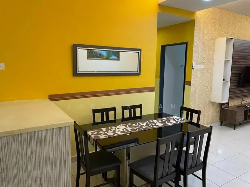 Dining features: yellow painted walls, white tiled flooring, rectangular dining table with decorative table runner, 6 black dining chairs, framed artwork on wall, wall-mounted TV unit, light-colored cabinetry, doorway leading to another room; style: modern.