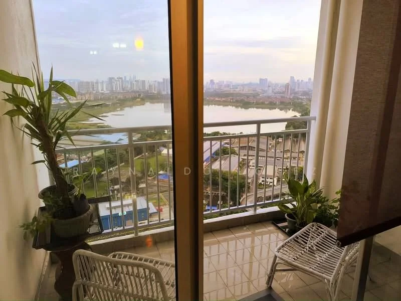 Balcony features: floor-to-ceiling sliding glass door, white wicker chairs, potted plants, tile flooring, city skyline view, lake view, railing with vertical bars, outdoor space; style: modern; view: city.