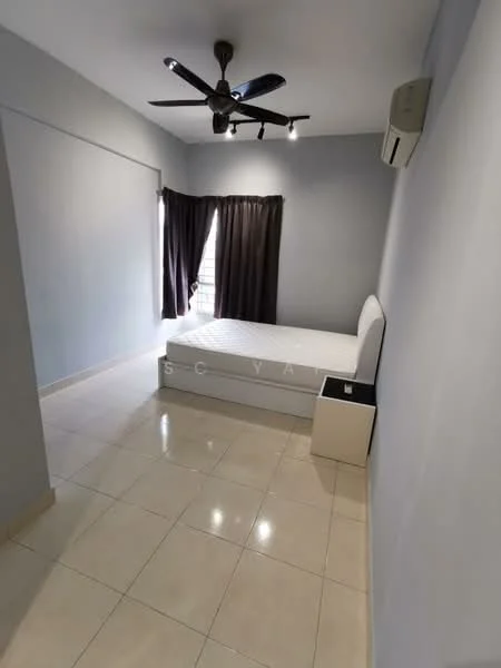 Bedroom features: white painted walls, grey accent wall, glossy tile flooring, 5-blade ceiling fan with light, window with sheer curtains, air conditioning unit, queen-size bed frame, nightstand; style: modern.