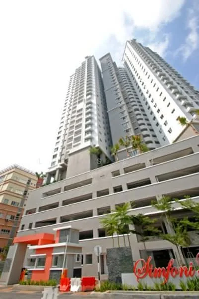 Exterior type: high-rise condominium; features: glass curtain wall, white painted facade, grey accent panels, multiple storeys, balconies on upper floors, landscaped entrance, open-air parking lot, modern architectural design; style: modern.
