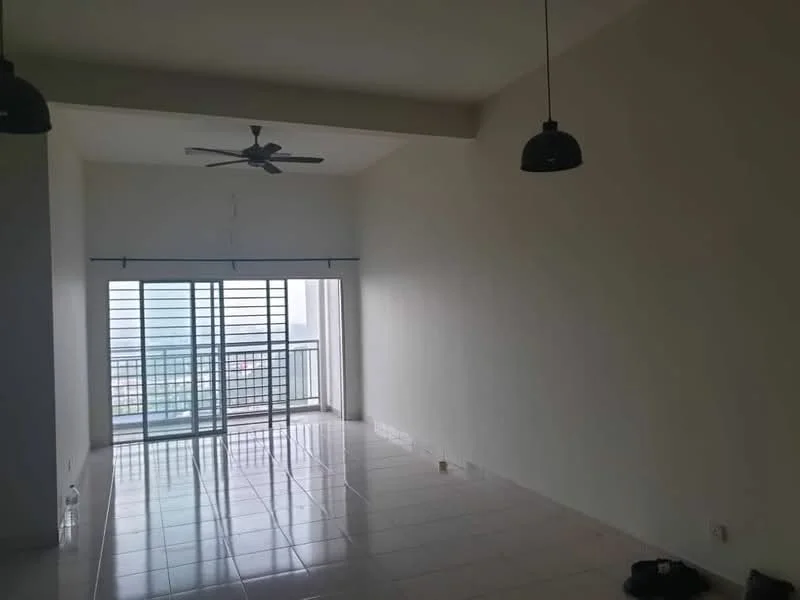 Living features: white painted walls, tiled flooring, 5-blade ceiling fan, sliding glass door, floor-to-ceiling windows, balcony access, recessed lighting, neutral color scheme; style: modern; view: city.
