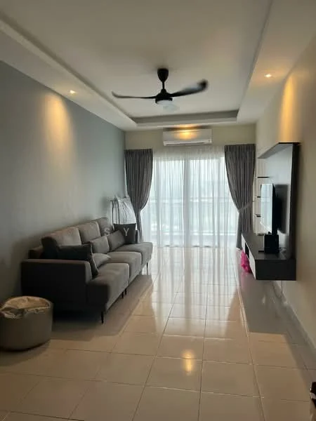 Living features: 3-seater fabric sofa in grey, wall-mounted TV, TV console, floor-to-ceiling windows, sheer curtains, recessed downlights, ceiling fan, white painted walls, glossy tile flooring, air conditioning unit; style: modern.