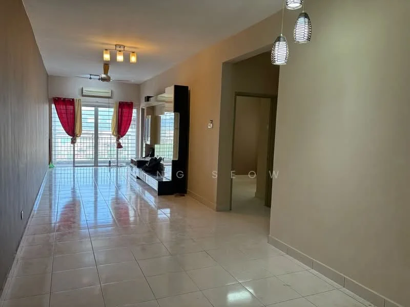 Living features: white painted walls, glossy ceramic tile flooring, 5-blade ceiling fan with light, recessed downlights, pendant lighting, large sliding glass door, red sheer curtains, black TV console, wall-mounted TV, open layout, natural light from windows, neutral color scheme; style: modern; view: city. Room features: cream painted walls, doorway leading to another room, tile flooring.