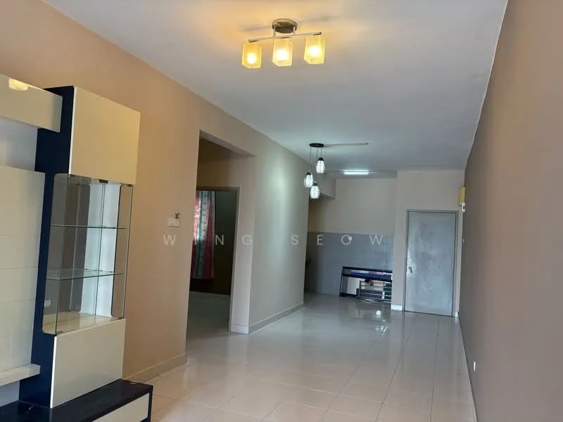 Living features: white painted walls, glossy tile flooring, recessed downlights, 3-blade ceiling fan, glass display cabinet, neutral color scheme, open layout, large windows for natural light; style: modern.