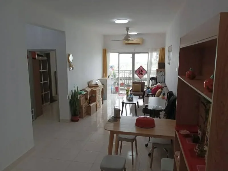 Living features: white painted walls, glossy tile flooring, 5-blade ceiling fan with light, floor-to-ceiling windows, curtains, sofa in beige, coffee table, dining table with chairs, decorative plants, shelves with decorative items, boxes for storage; style: modern; view: city. Room features: white painted walls, glossy tile flooring.