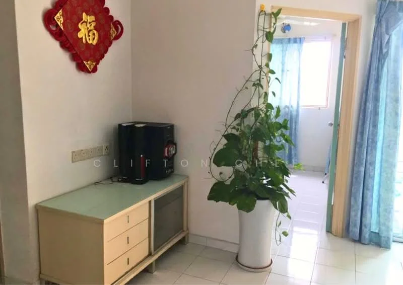Room features: white painted walls, glossy white tile flooring, large potted plant, wooden sideboard with glass doors, coffee machine, curtains in light blue, window with natural light, decorative wall art; style: modern.