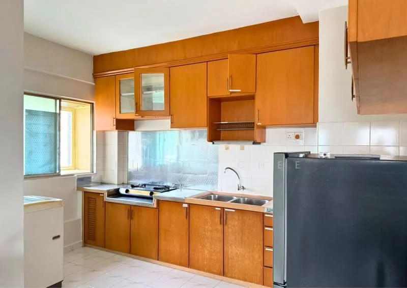 Kitchen features: wood cabinetry in brown finish, stainless-steel sink, chrome faucet, gas cooktop, exhaust hood, white tiled backsplash, white tiled flooring, window with mesh screen, built-in refrigerator, countertop space, open shelving, under-cabinet lighting; style: modern.