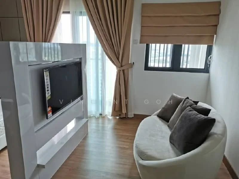 Living features: curved white sofa with dark cushions, wall-mounted TV, white TV console, floor-to-ceiling windows, sheer curtains, roller blinds, wooden flooring, light-colored walls; style: modern; view: city.