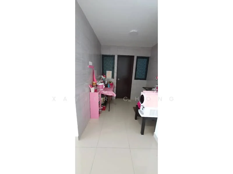 Room features: grey tiled walls, cream tiled flooring, white ceiling, door with frosted glass panel, pink furniture, washing machine, small table, decorative items, wall-mounted shelves; style: modern.