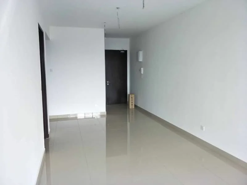 Room features: white painted walls, glossy ceramic tile flooring, single wooden door, intercom panel, ceiling lights, corner wall with no visible features; style: modern.