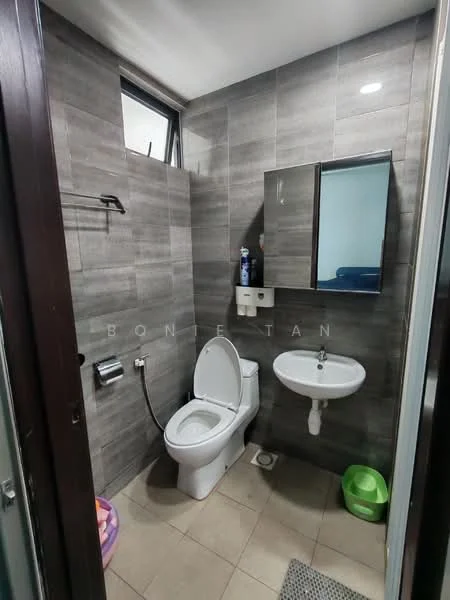 Bathroom features: grey tiled walls, beige tiled flooring, one-piece toilet, wall-mounted sink, framed mirror, cabinet above sink, towel rack, window for natural light, shower area with glass partition; style: modern.