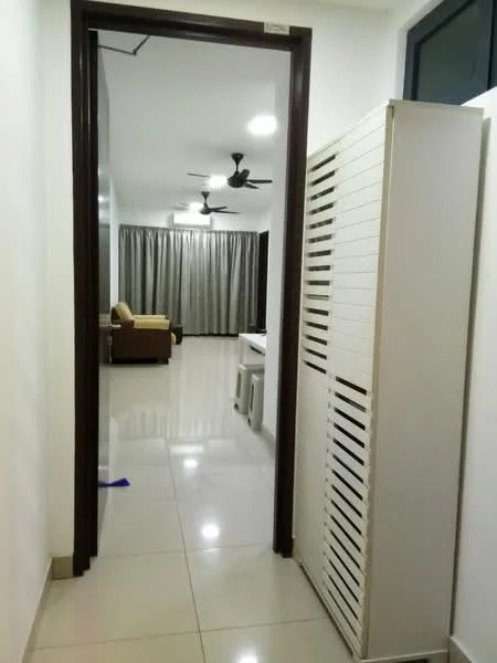 Room features: white painted walls, glossy tile flooring, 2 ceiling fans, curtains in grey, sofa in brown, storage cabinet, light fixtures, open space layout; style: modern.