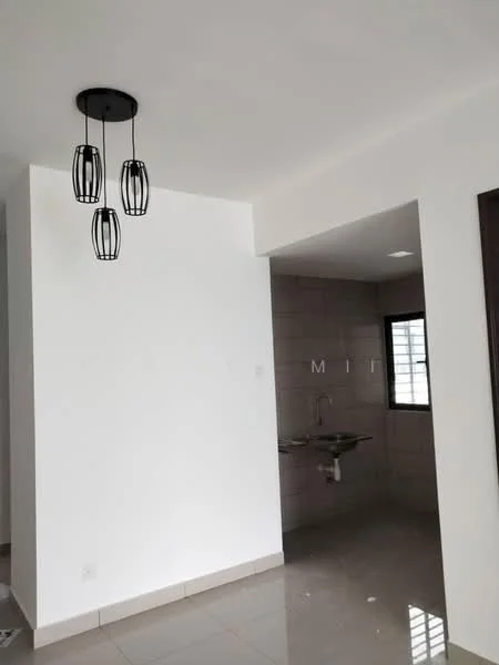 Room features: white painted walls, grey tiled flooring, black pendant light fixture, window with grid pattern, kitchen sink, wall-mounted faucet, neutral color scheme; style: modern.