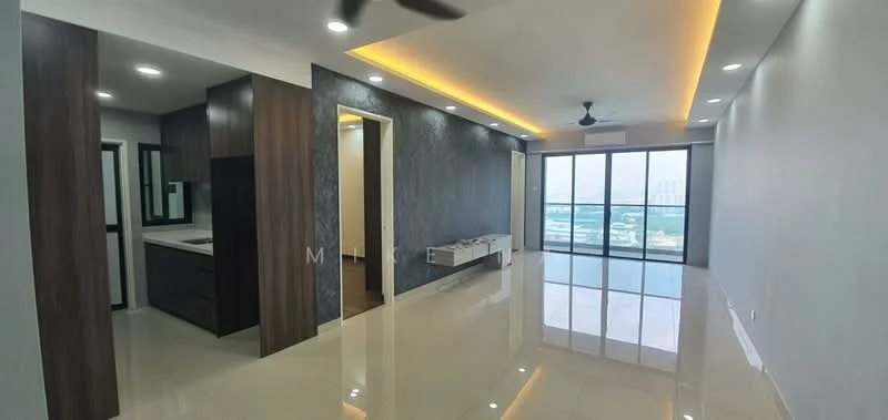 Living features: large floor-to-ceiling windows, sliding glass door, grey accent wall, white painted walls, recessed LED downlights, ceiling fan, polished tile flooring, built-in TV console, open layout to kitchen, natural light from windows, view of the city skyline; style: modern; view: city. Kitchen features: dark wood cabinetry, white countertop, stainless-steel sink, built-in oven, cooktop, refrigerator space, modern fixtures; style: modern.